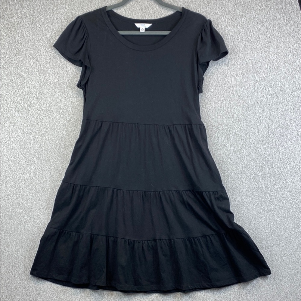 Time and Tru jersey knit cotton mini dress tiered black flutter sleeve boho M